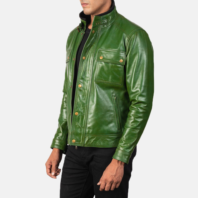 Mens Darren Distressed Green Leather Biker Jacket6140-3-1568636891951